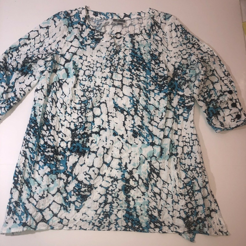 JM Collection Plus Sz 1X Aqua Teal Black White Top